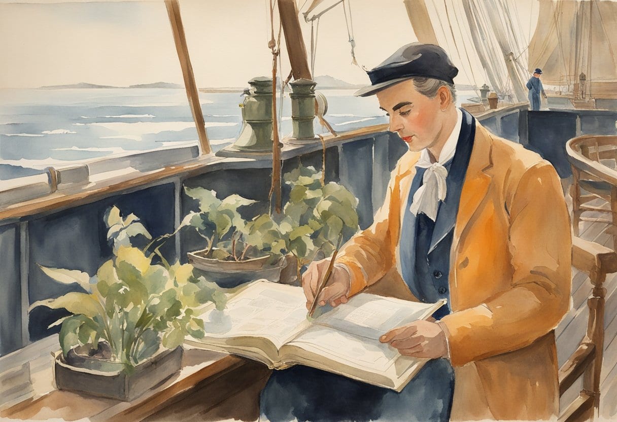 Jeanne Baret in male attire, studying plants on a ship's deck during a global voyage