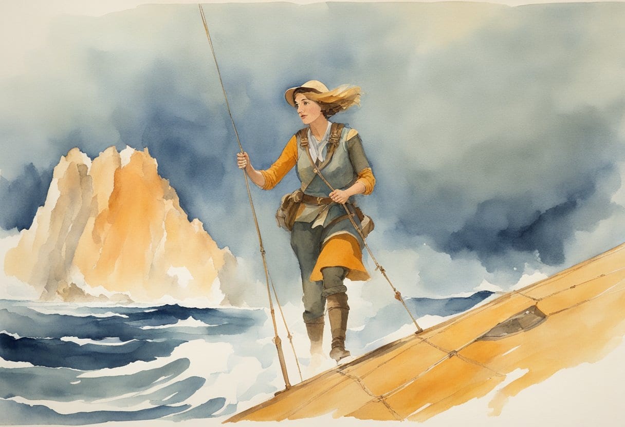 Jeanne Baret leads the expedition with determination, navigating the vast ocean on a historic circumnavigation, breaking barriers as a female explorer