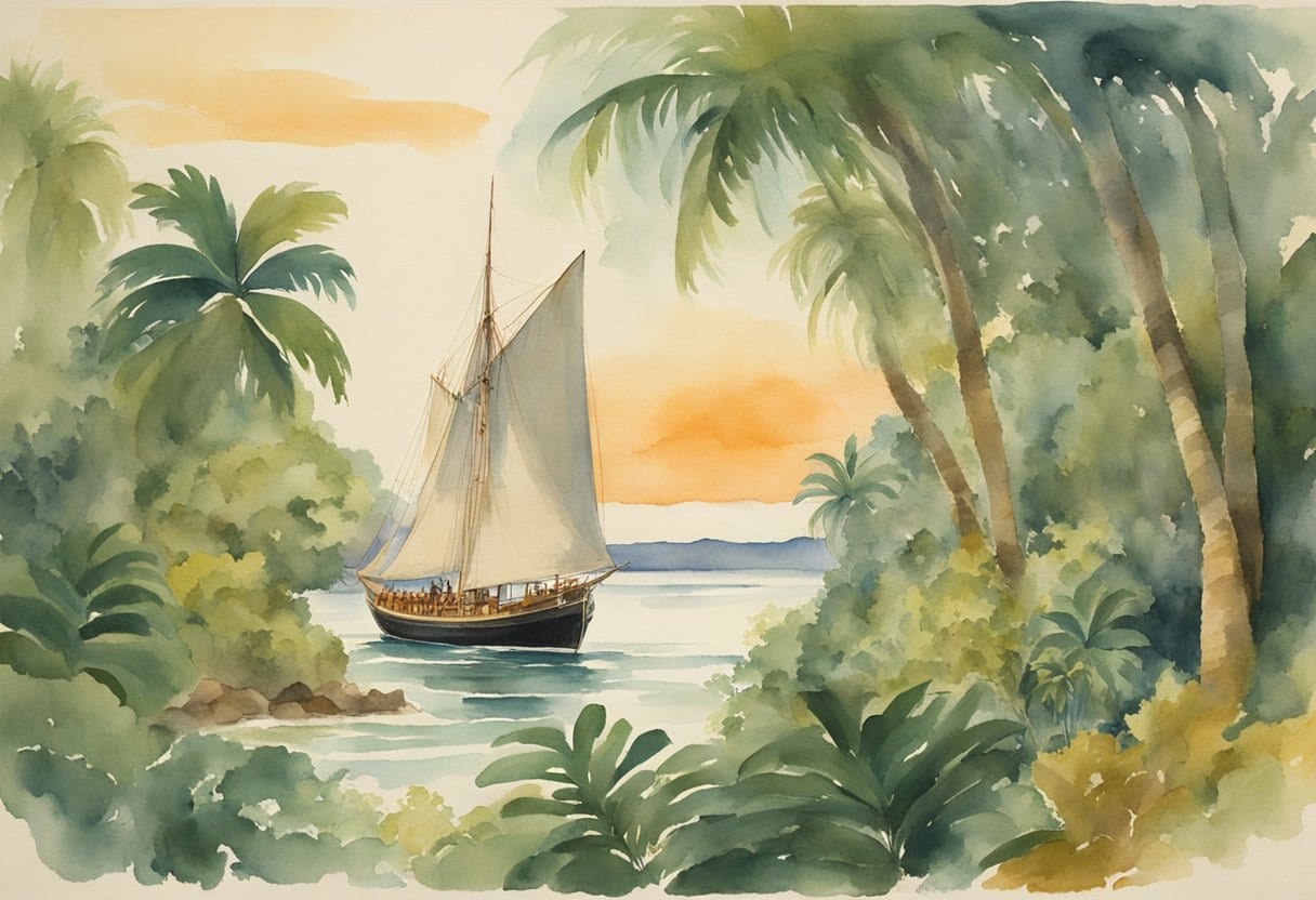 Jeanne Baret disguised, fleeing Tahiti, surrounded by lush greenery, with a ship in the distance, symbolizing her historic circumnavigation as a female explorer