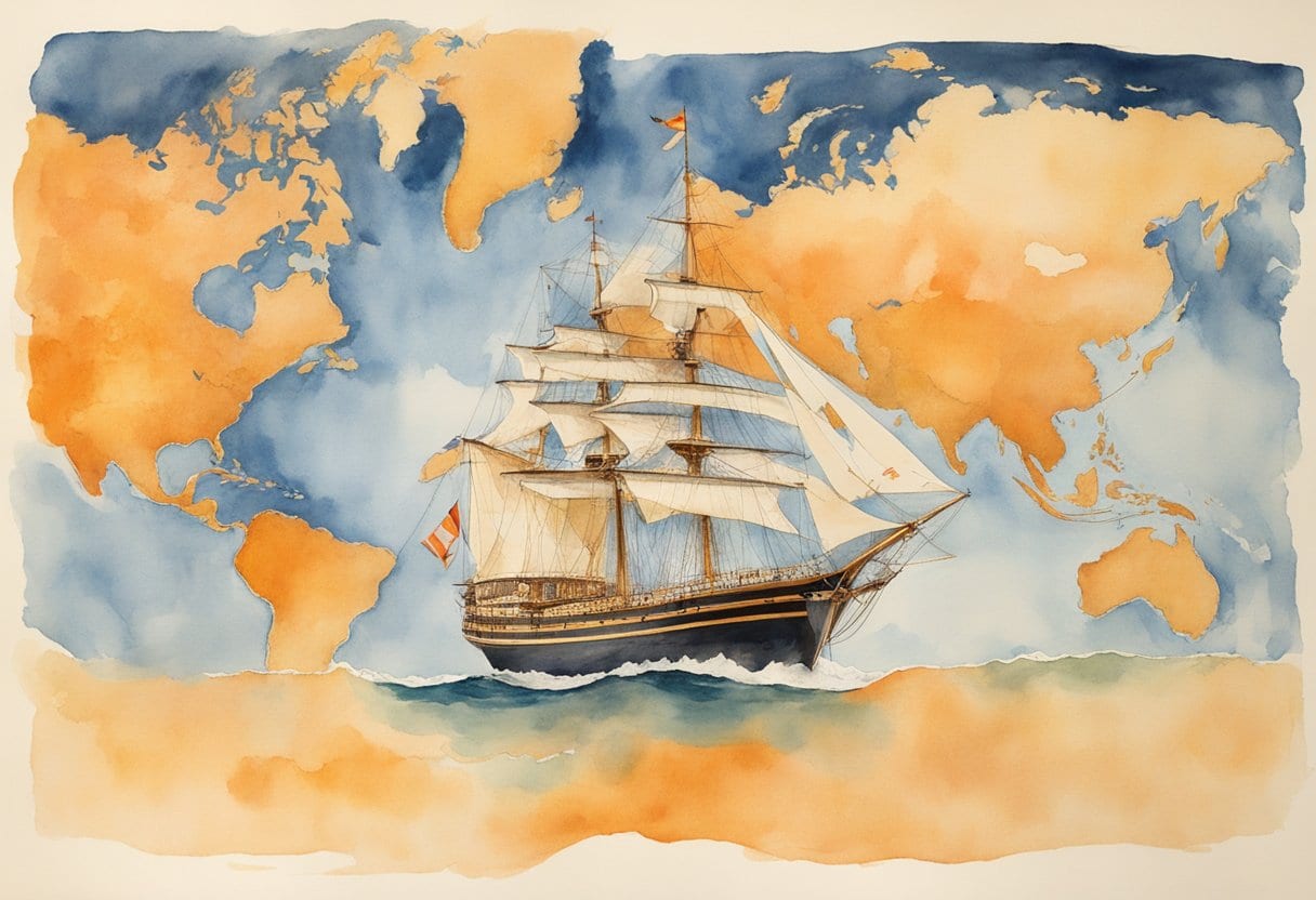 Jeanne Baret's legacy: a ship sailing around the world, a map, and a telescope symbolizing female explorers' recognition in circumnavigation