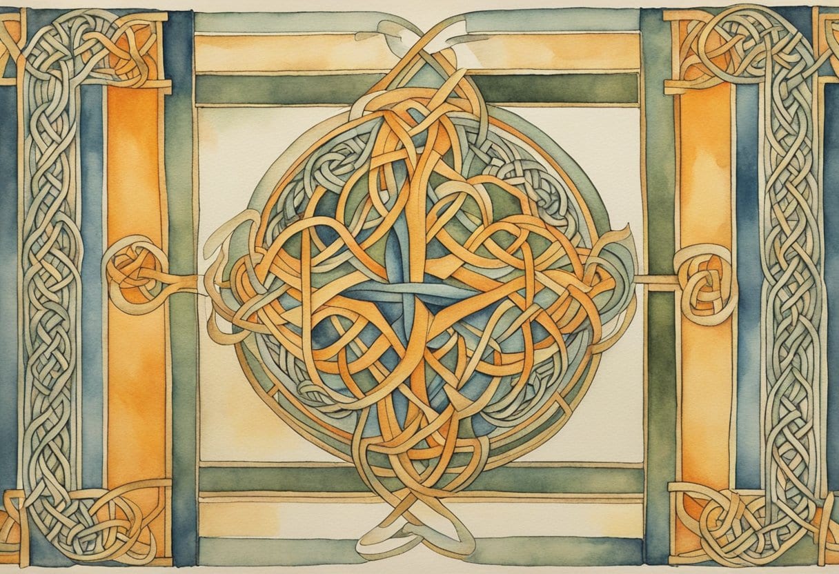 A intricately woven Solomon's Knot Celtic design, surrounded by mystic symbols and intricate Celtic art