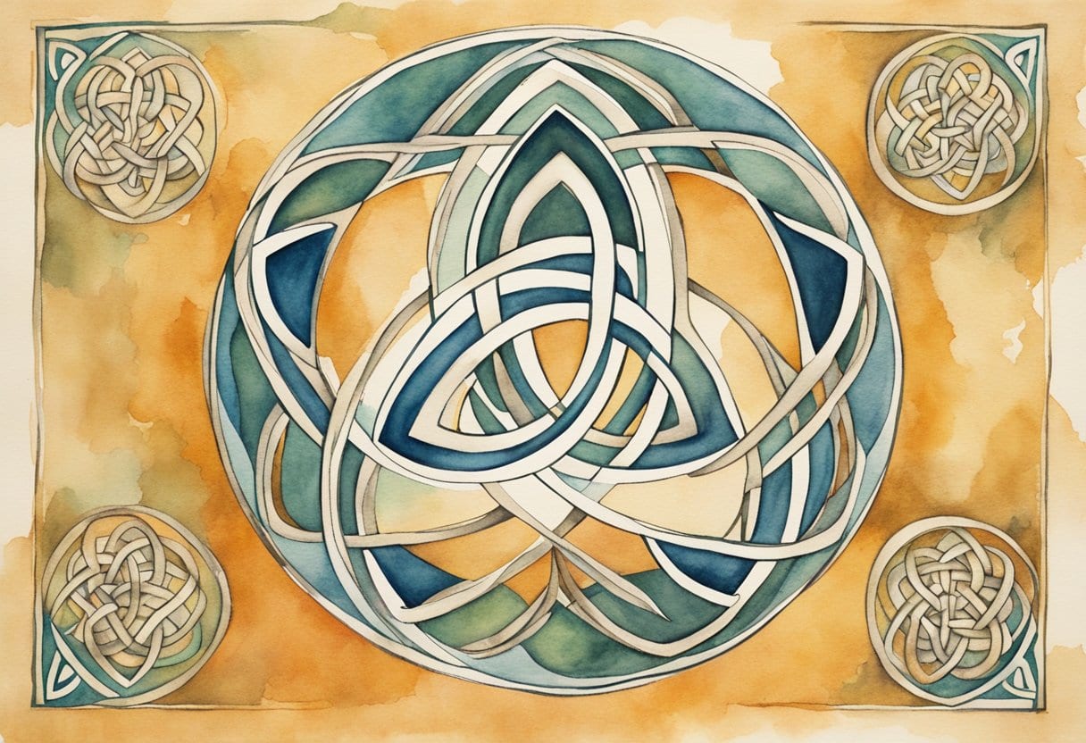 A Triquetra Celtic Knot intertwined with mystic designs in the style of Celtic art