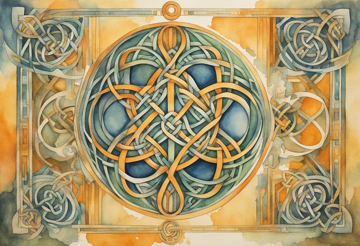 A Celtic knot intertwined with modern technology, surrounded by mystic symbols and intricate Celtic art