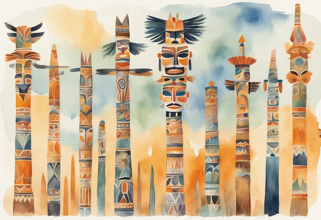 Tall totem poles stand in a circle, each telling a story through intricate carvings and vibrant colors, representing the rich cultural heritage of indigenous peoples