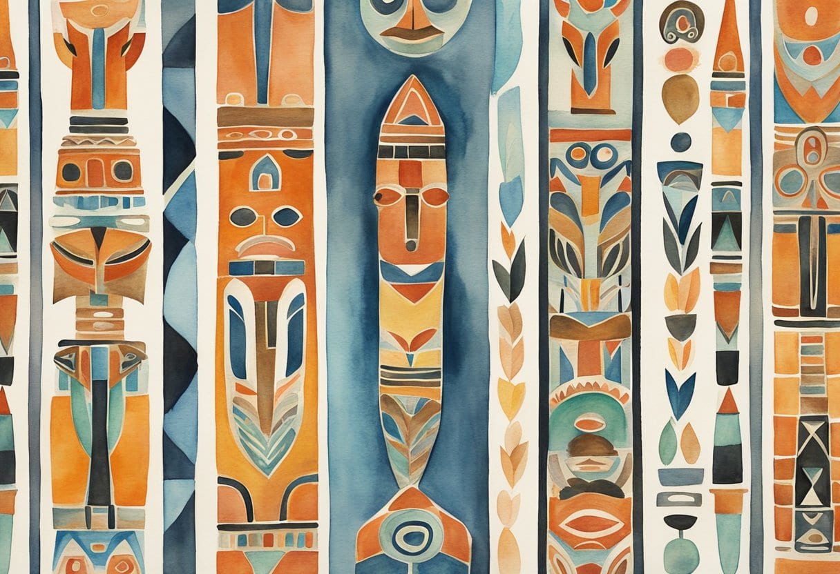 Tlingit Clan Emblems: Totem poles stand tall, adorned with intricate designs, telling stories of indigenous culture through vibrant colors and symbolic imagery