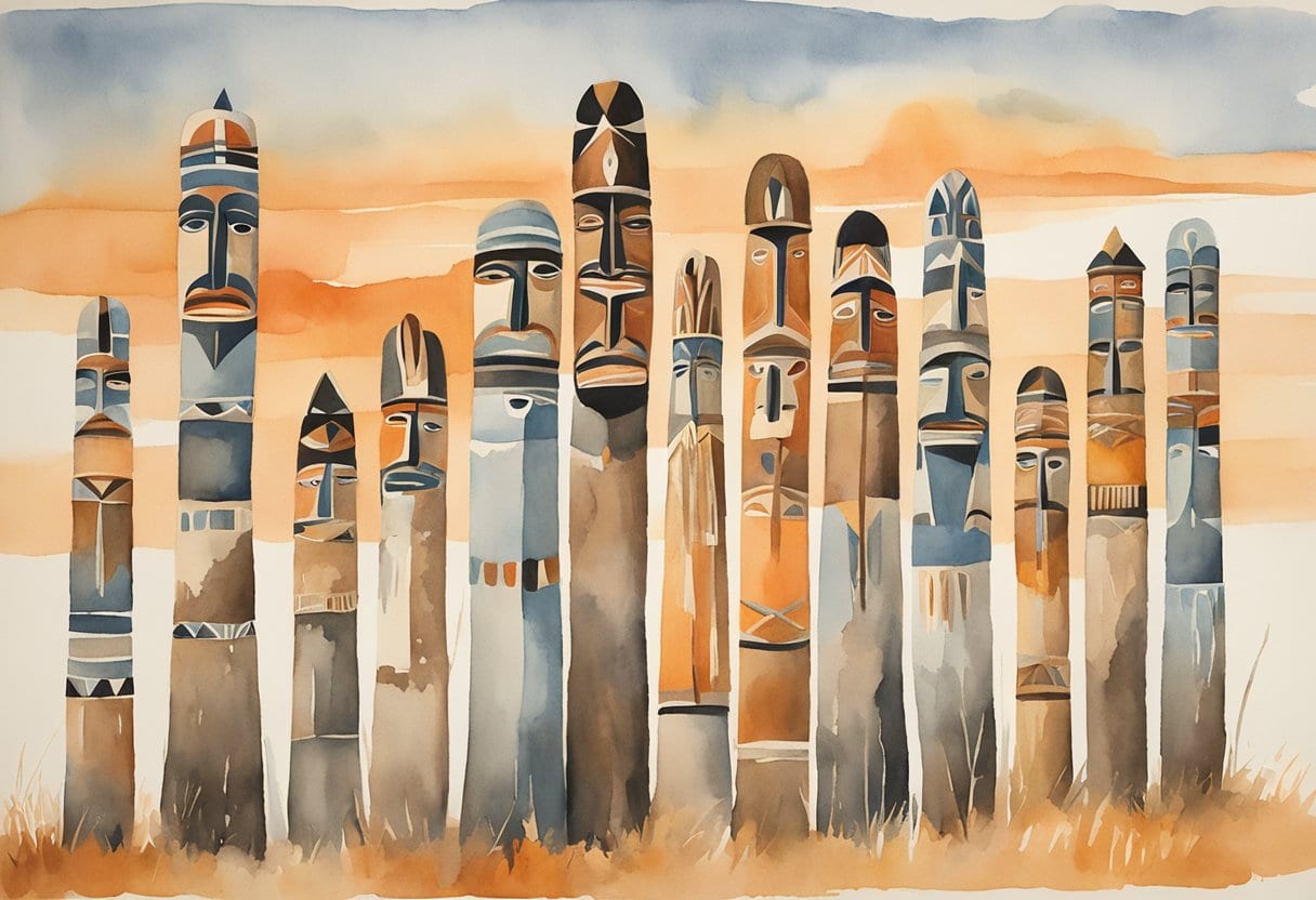 Salish House Posts stand tall, adorned with intricate Native American totem poles, telling cultural stories through indigenous art