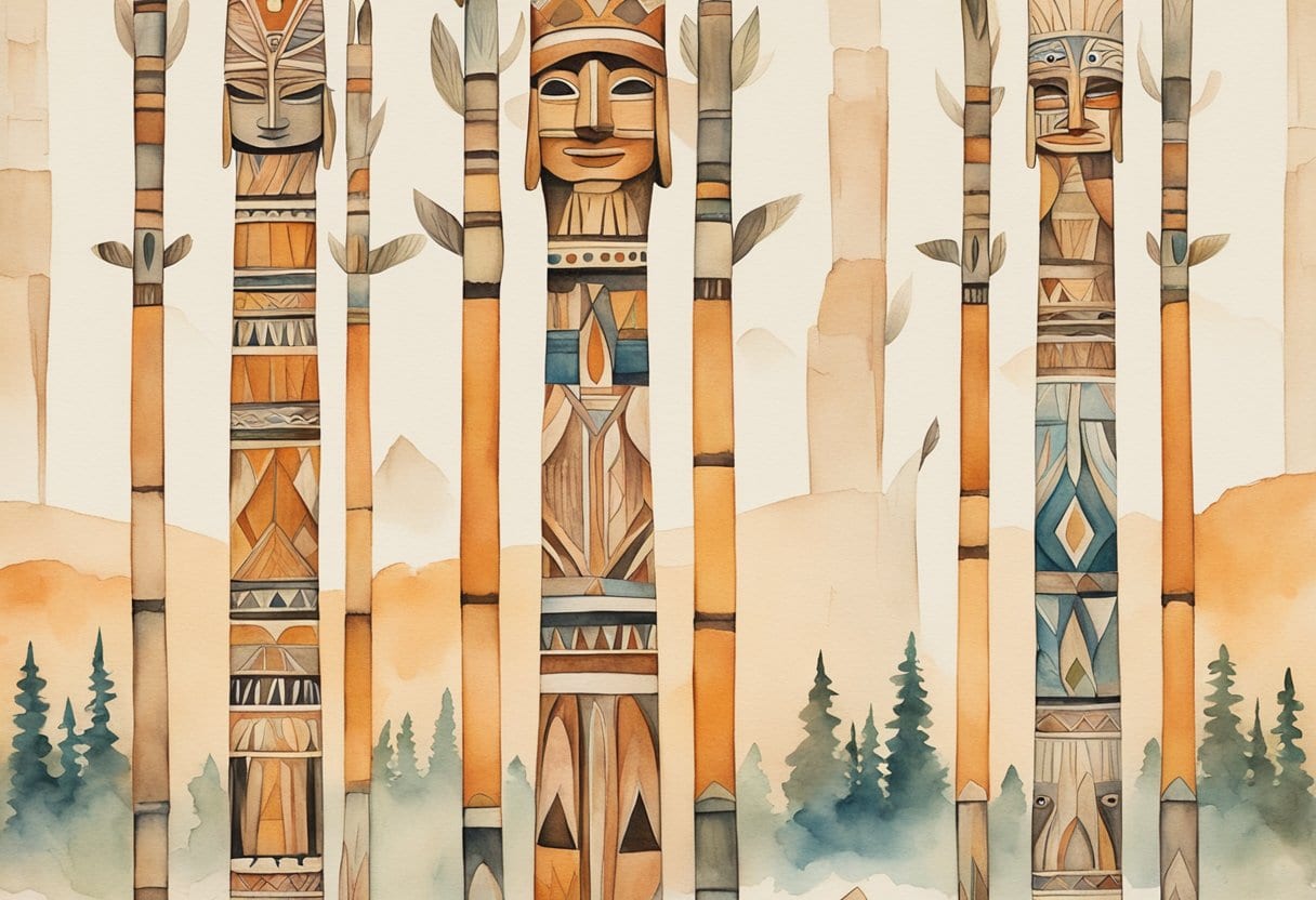 Cedar totem poles stand tall, adorned with intricate carvings depicting Native American cultural stories and indigenous art