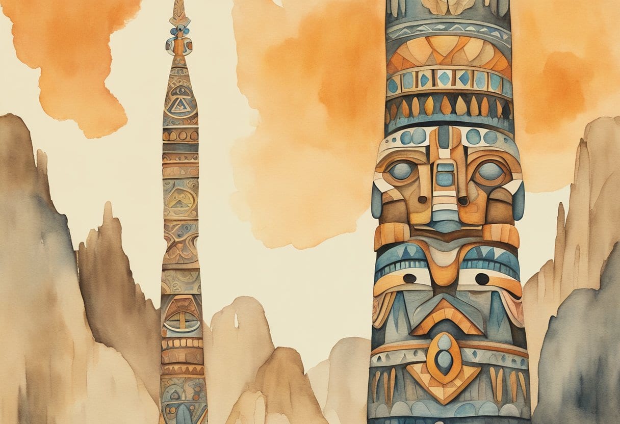 A towering totem pole stands adorned with intricate carvings, depicting the rich cultural storytelling and indigenous art of Native American traditions