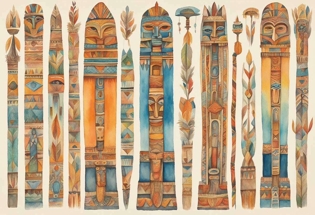 A towering totem pole adorned with intricate carvings tells the story of a Native American tribe through bold lines and vibrant colors