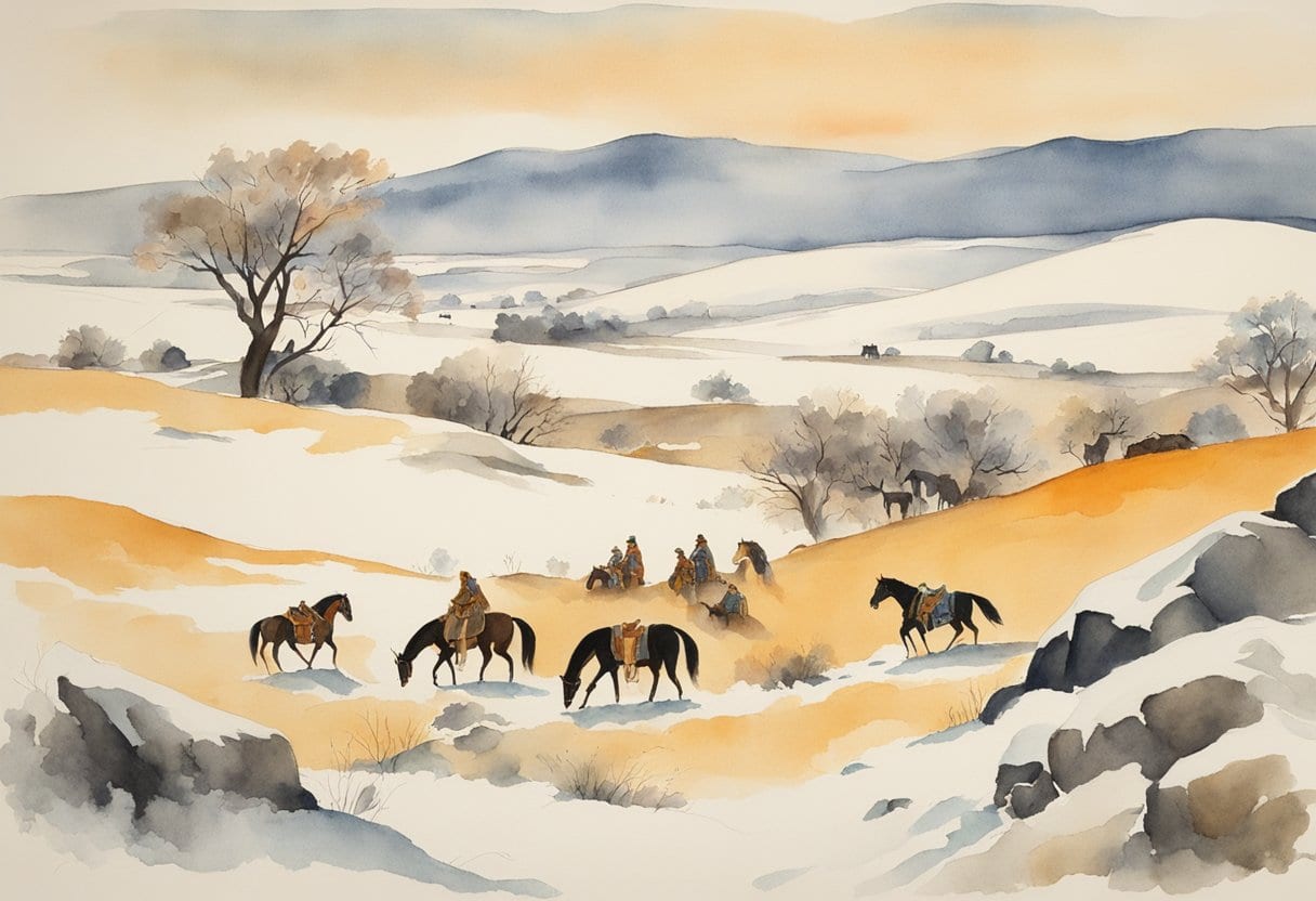 A snow-covered steppe with a mound, surrounded by horses and other offerings. A regal woman's burial chamber emerges from the earth
