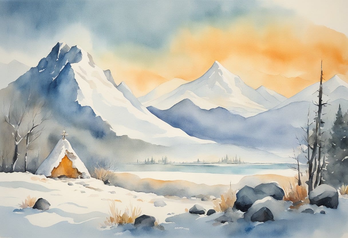 A snow-covered mountain landscape with a burial mound and ancient artifacts scattered around, hinting at the presence of the Siberian Ice Maiden