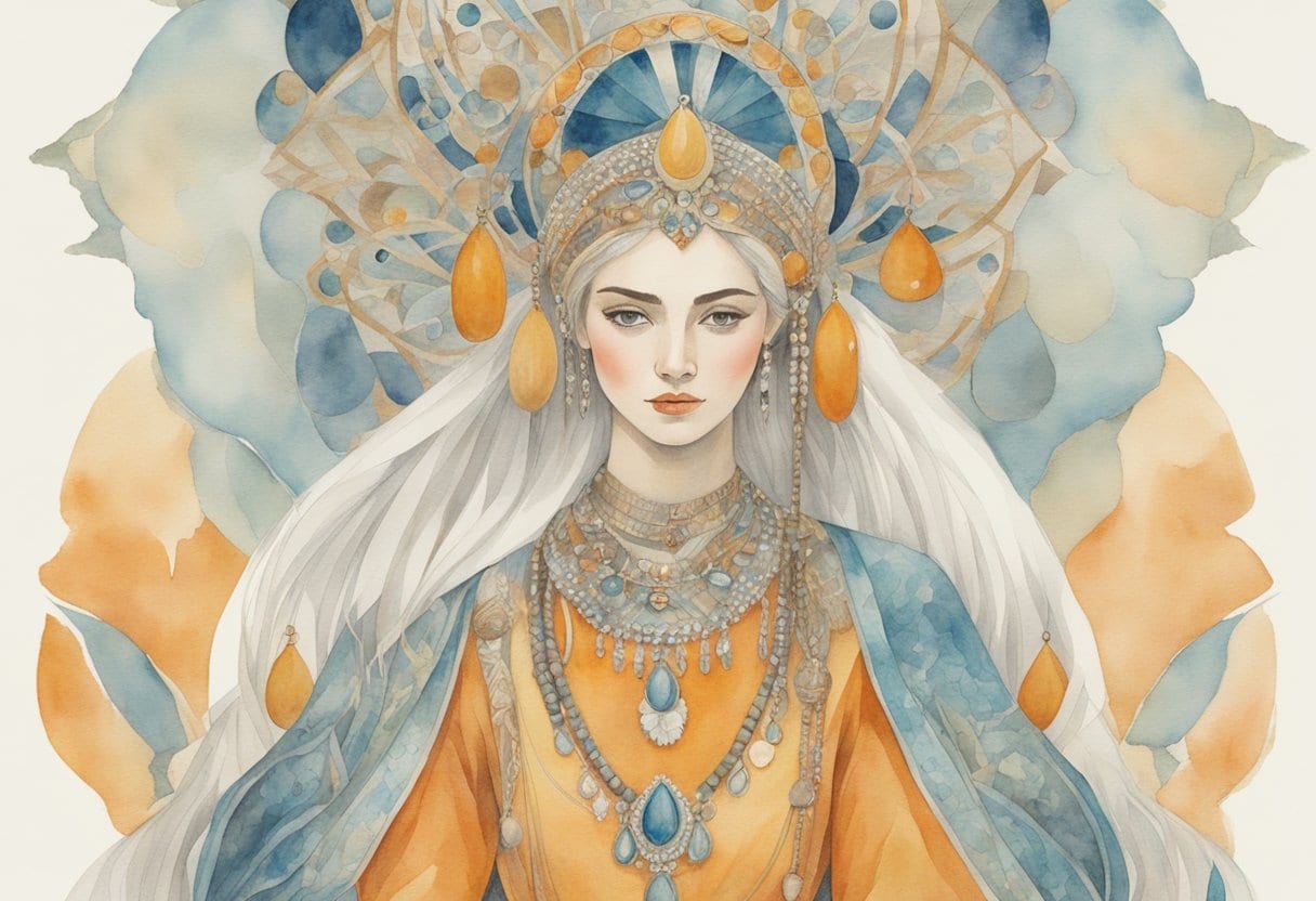 A detailed illustration of the intricate clothing and jewelry of the Ice Maiden, reflecting the ancient Scythian culture and burial traditions