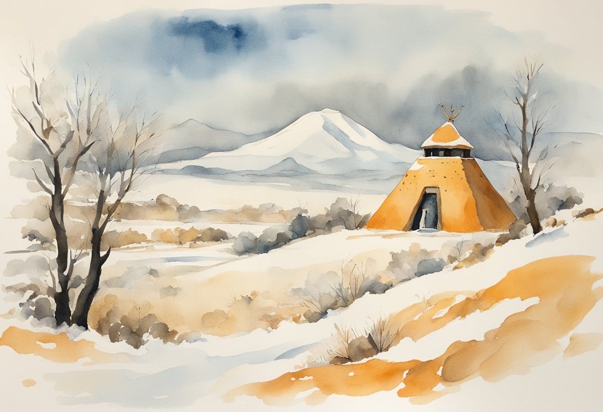 A snow-covered landscape with a burial mound surrounded by ancient Scythian artifacts and symbols
