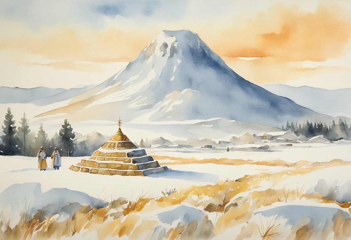 A snow-covered landscape with a ceremonial burial mound, adorned with intricate gold jewelry and artifacts from the Scythian culture
