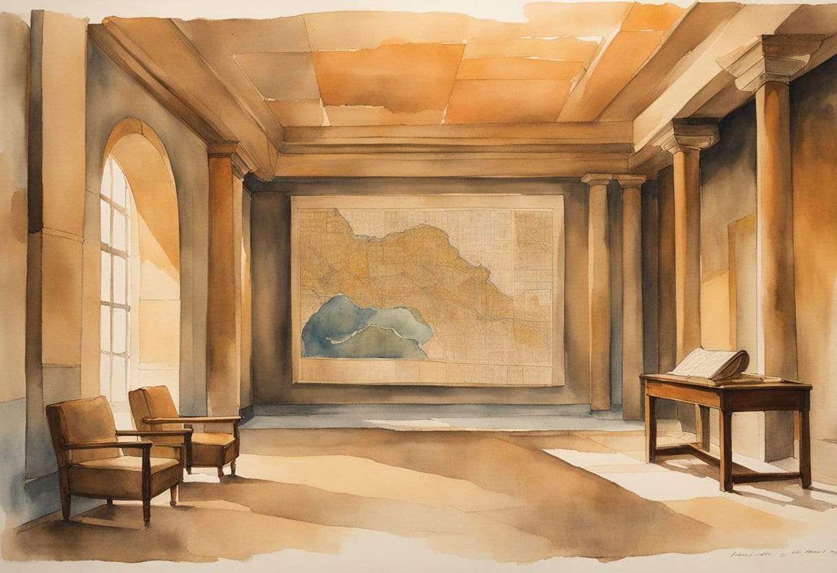 A dimly lit room in the Jordan Museum. The Copper Scroll of the Dead Sea Scrolls lies open, revealing a map of hidden treasure