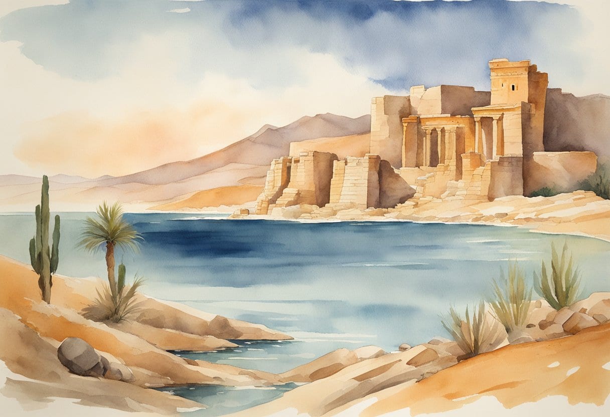 A rugged desert landscape with ancient ruins, a mysterious copper scroll, and the shimmering waters of the Dead Sea in the background