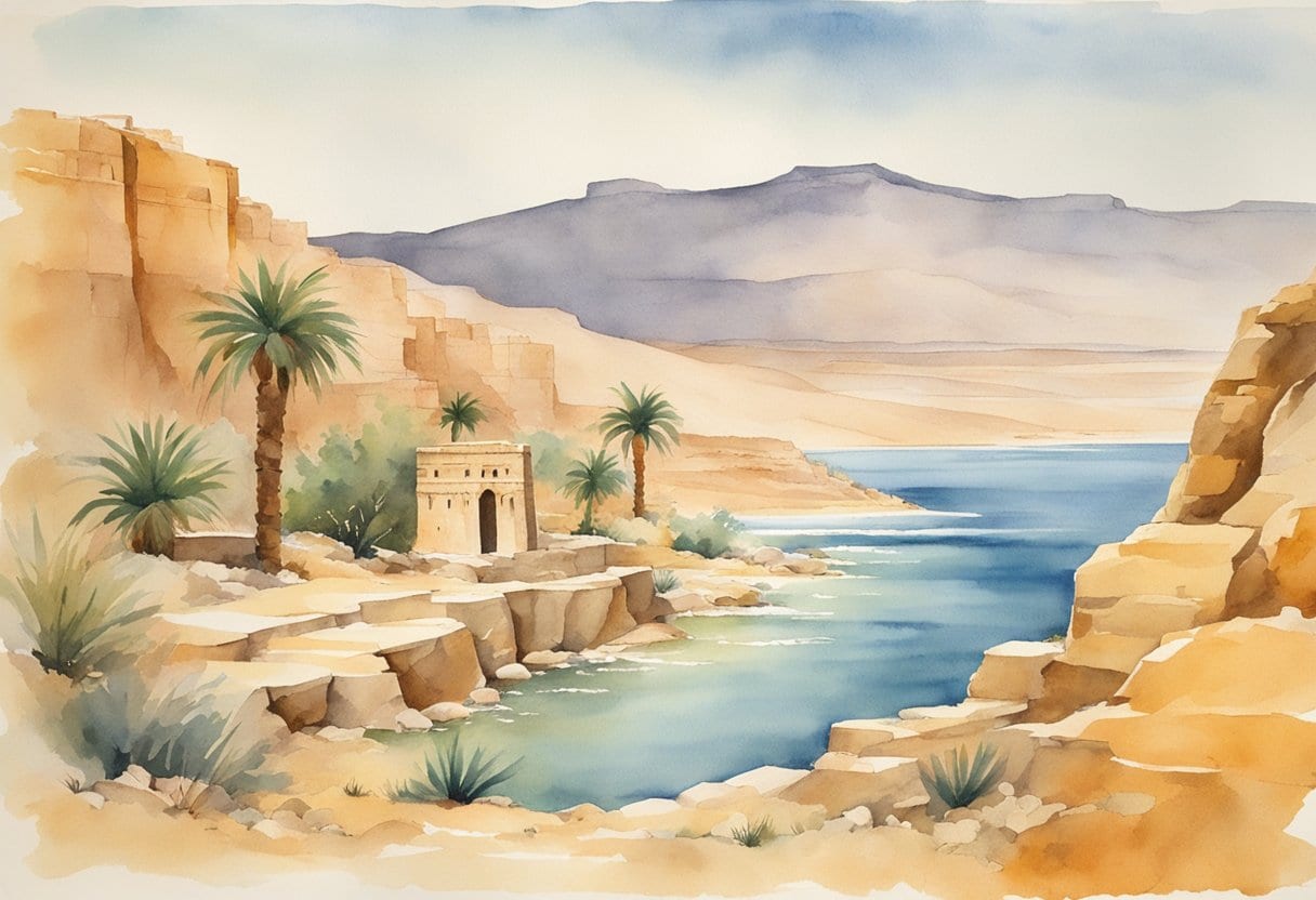 A rugged desert landscape with ancient ruins and a hidden cave entrance, surrounded by the shimmering waters of the Dead Sea