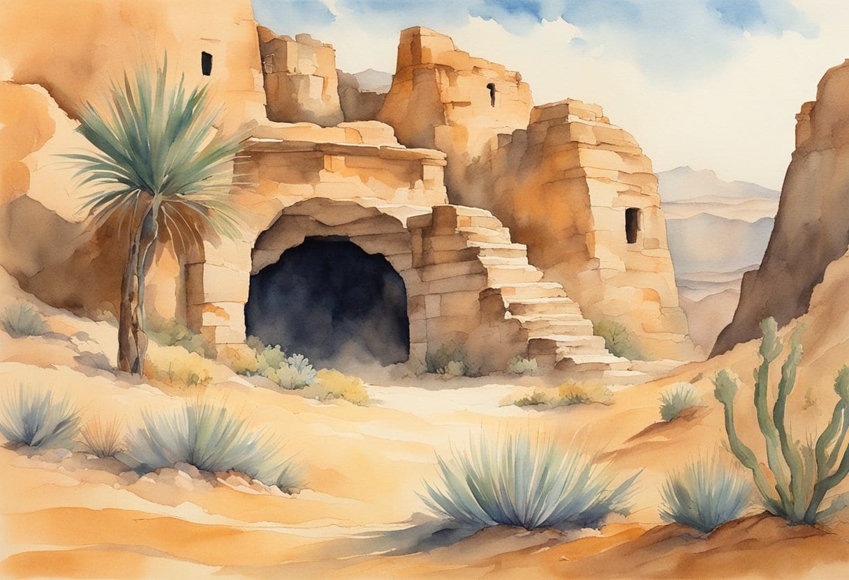 A rugged desert landscape with ancient ruins and a hidden cave entrance. A scroll made of copper lies partially buried in the sand