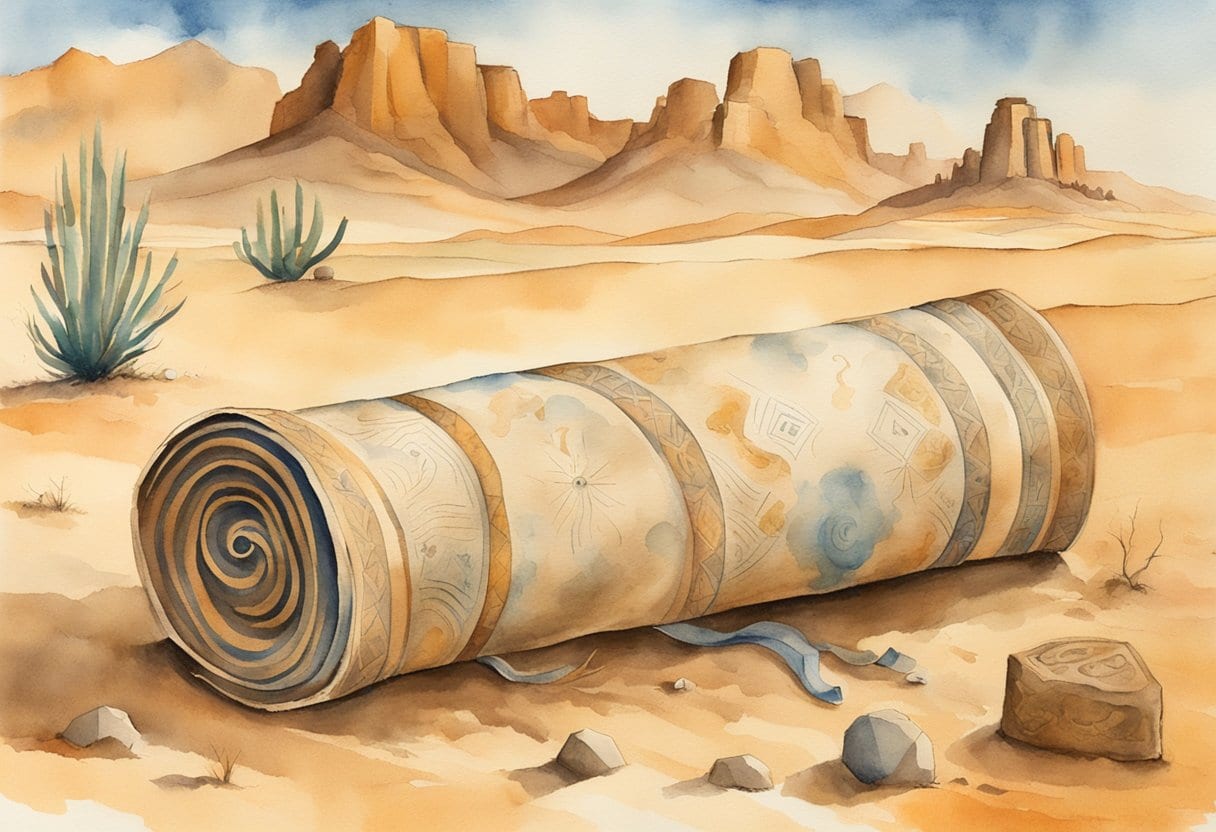 A rugged desert landscape with an ancient scroll emerging from the sand, surrounded by mysterious symbols and markings