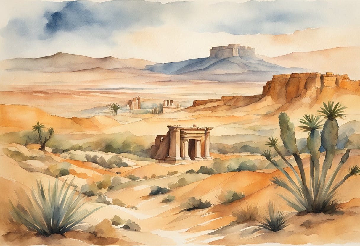 A rugged desert landscape with ancient ruins and a mysterious copper scroll hidden among the Dead Sea Scrolls