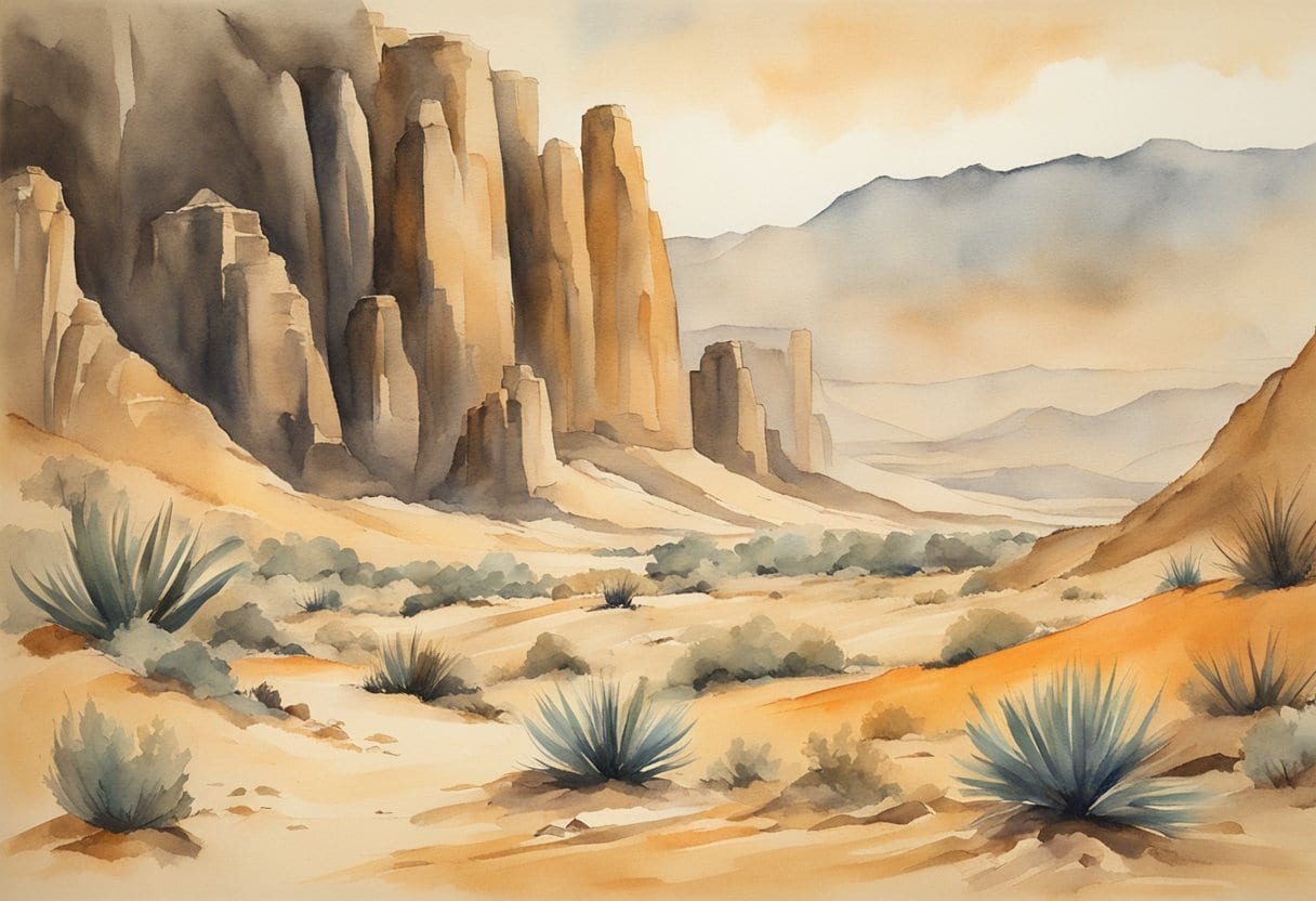 A rugged desert landscape with an ancient scroll partially buried in the sand, surrounded by rocky cliffs and a sense of mystery