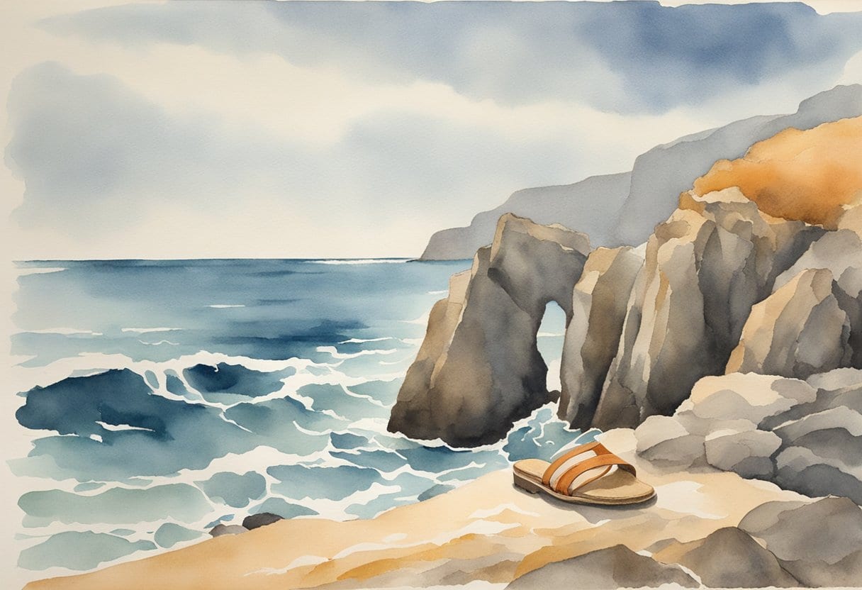 A lone sandal resting on a rocky shore, surrounded by swirling ocean waves and a backdrop of rugged cliffs