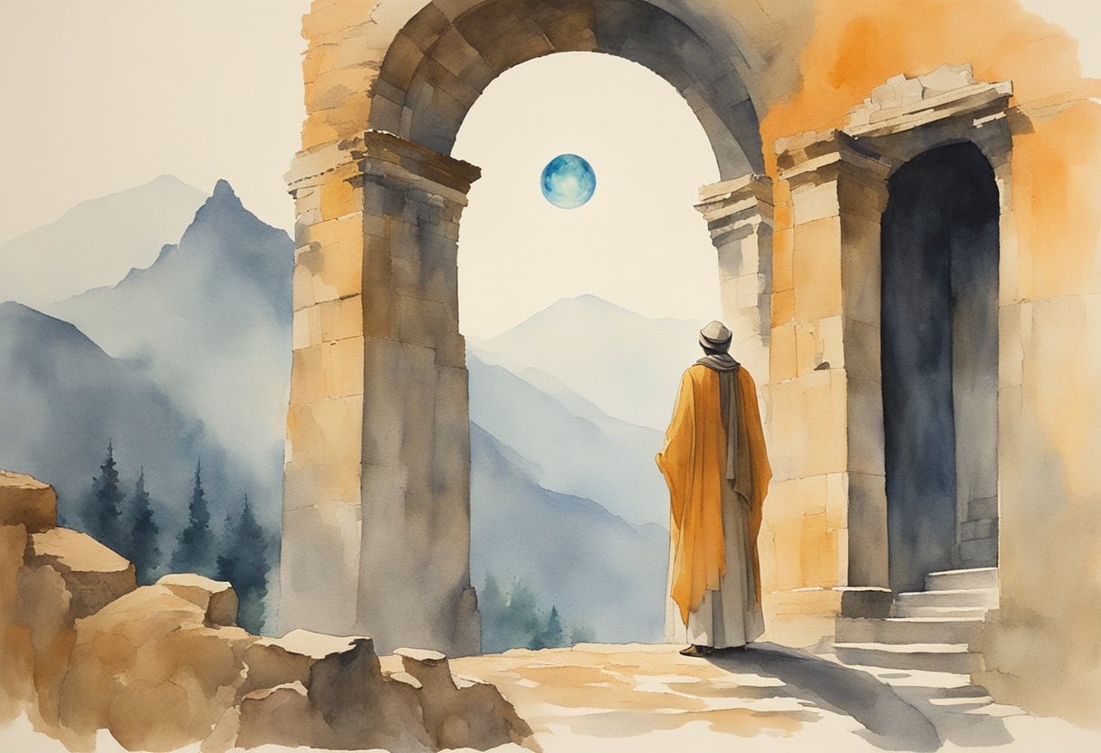 A mysterious figure emerges from the misty hills, holding a glowing orb, surrounded by ancient ruins and looming mountains