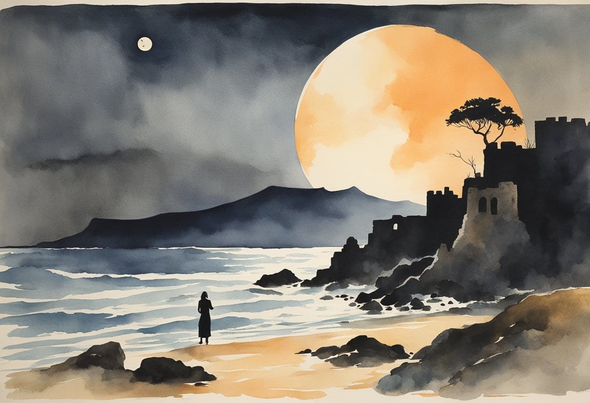 A moonlit beach with a mysterious figure emerging from the waves, surrounded by ancient ruins and the silhouette of a distant mountain