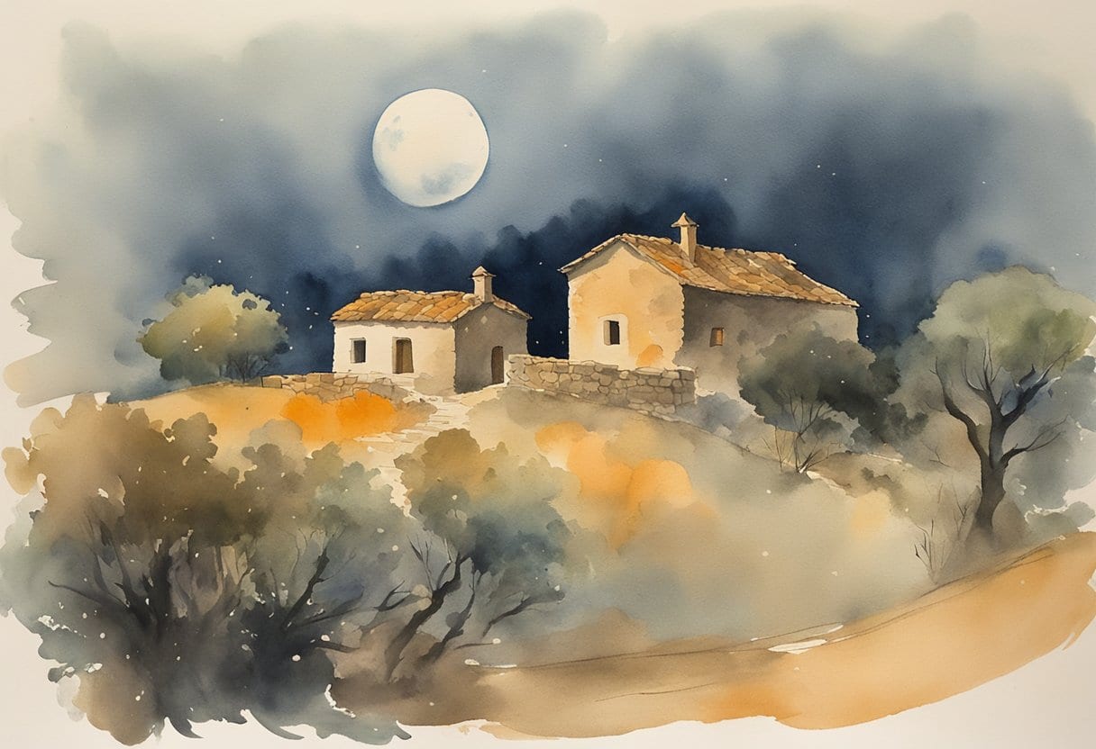 A misty moonlit night in a rural Sardinian village, with an old stone house looming ominously in the background. A faint, ethereal figure drifts through the air, surrounded by swirling wisps of fog