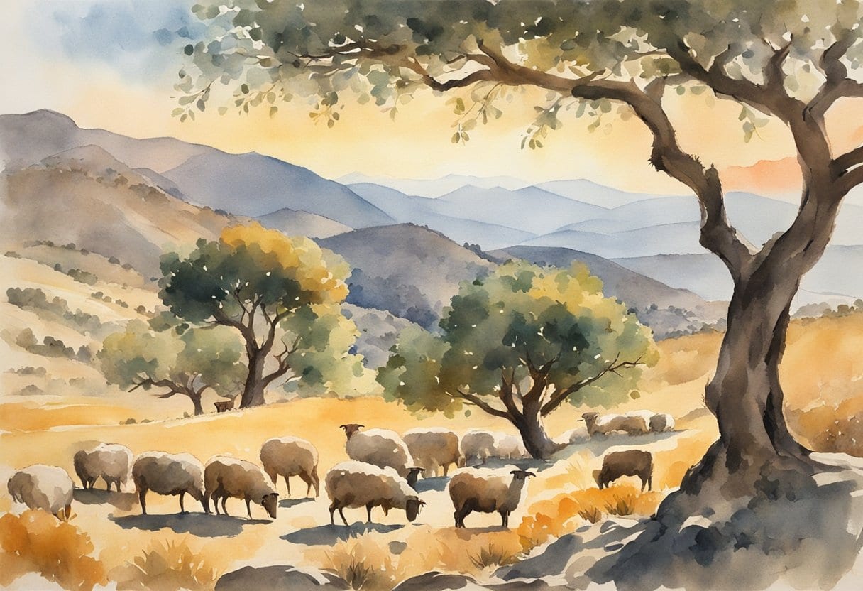 A shepherd resting under a twisted olive tree, surrounded by grazing sheep, while the sun sets behind the rugged Sardinian mountains