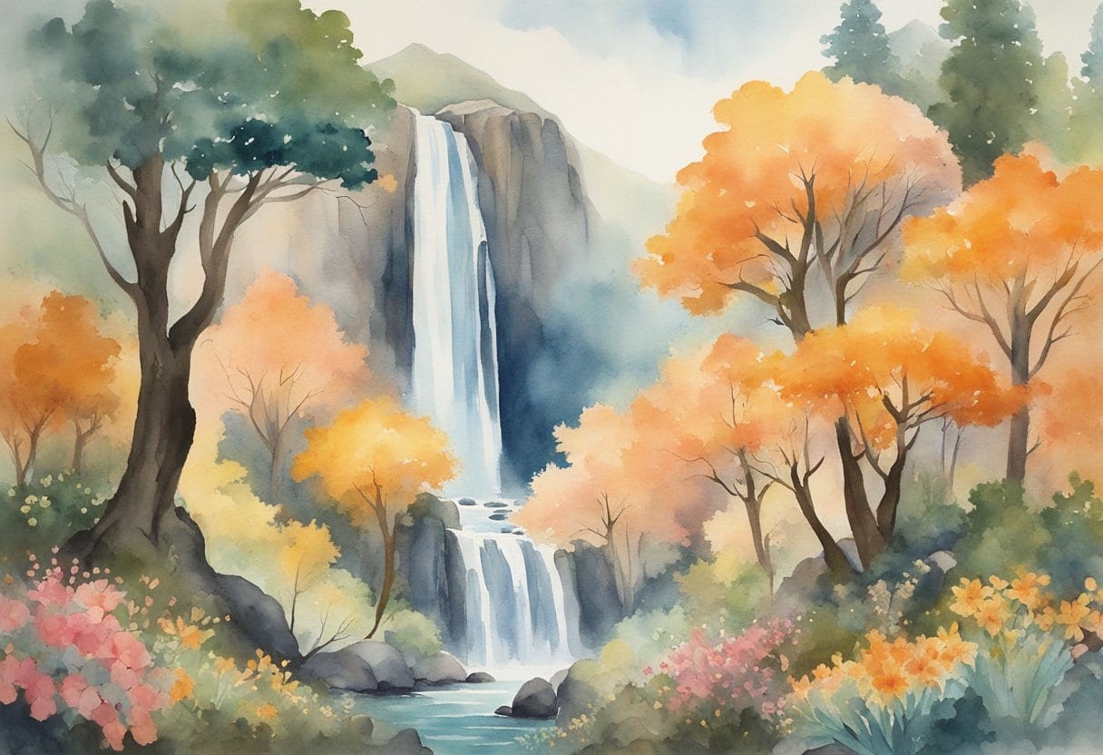 A mystical forest with ancient trees, colorful flowers, and a cascading waterfall, surrounded by the enchanting mountains of Monte Arcosu
