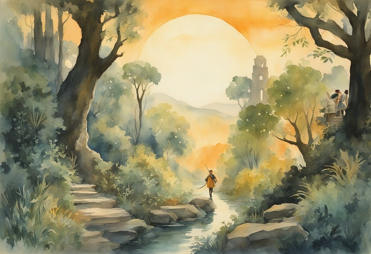 A hunter follows a glowing fairy through a lush Sardinian forest at dusk, surrounded by ancient ruins and mystical creatures