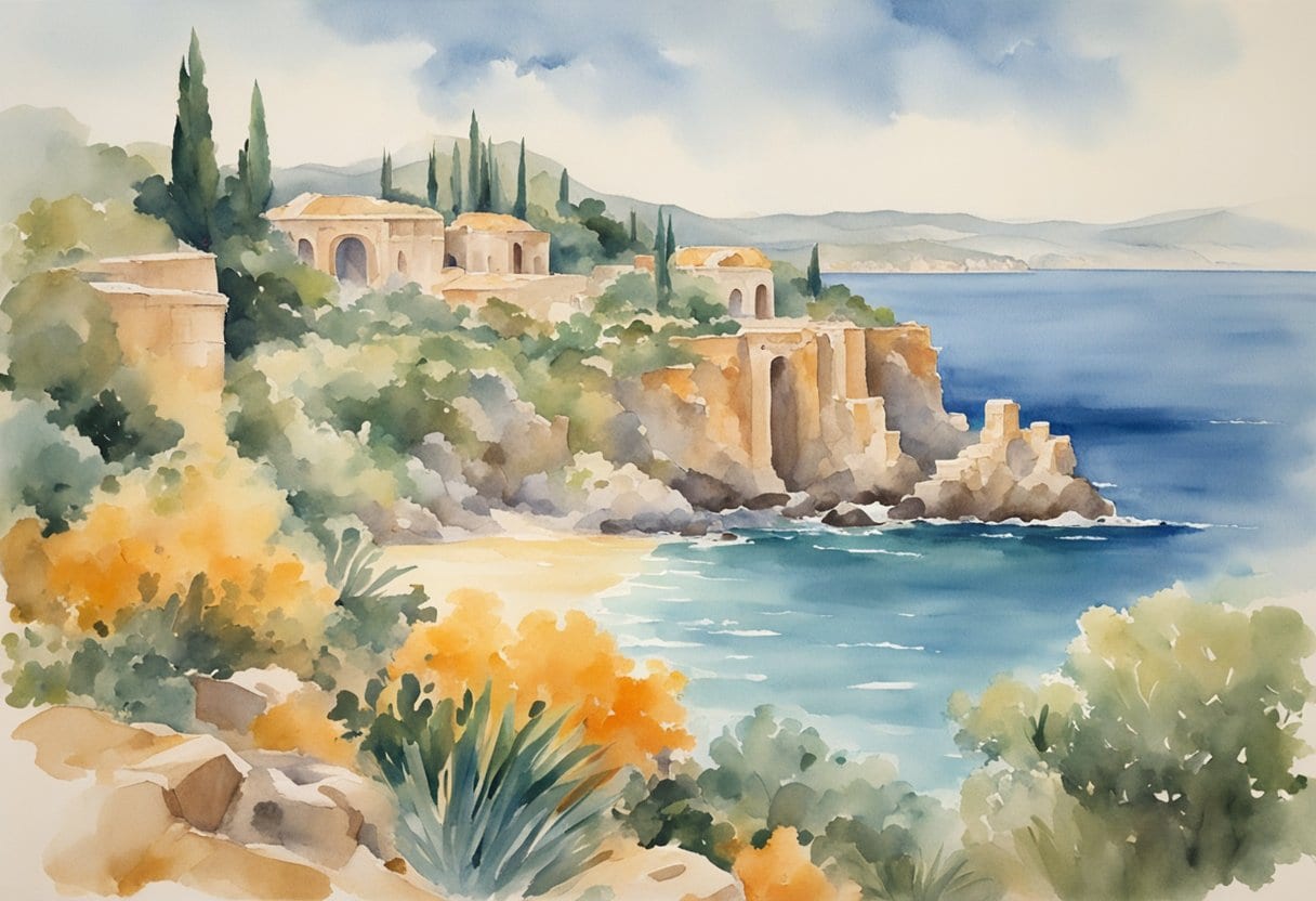 A rugged coastline with ancient ruins, surrounded by lush Mediterranean vegetation and overlooking the crystal-clear waters of the sea