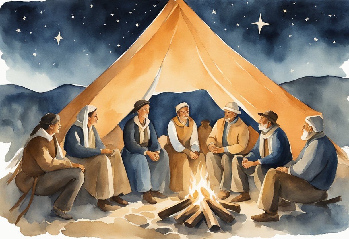 A group of Sardinian villagers gather around a campfire, sharing stories of local legends and folktales under the starry night sky