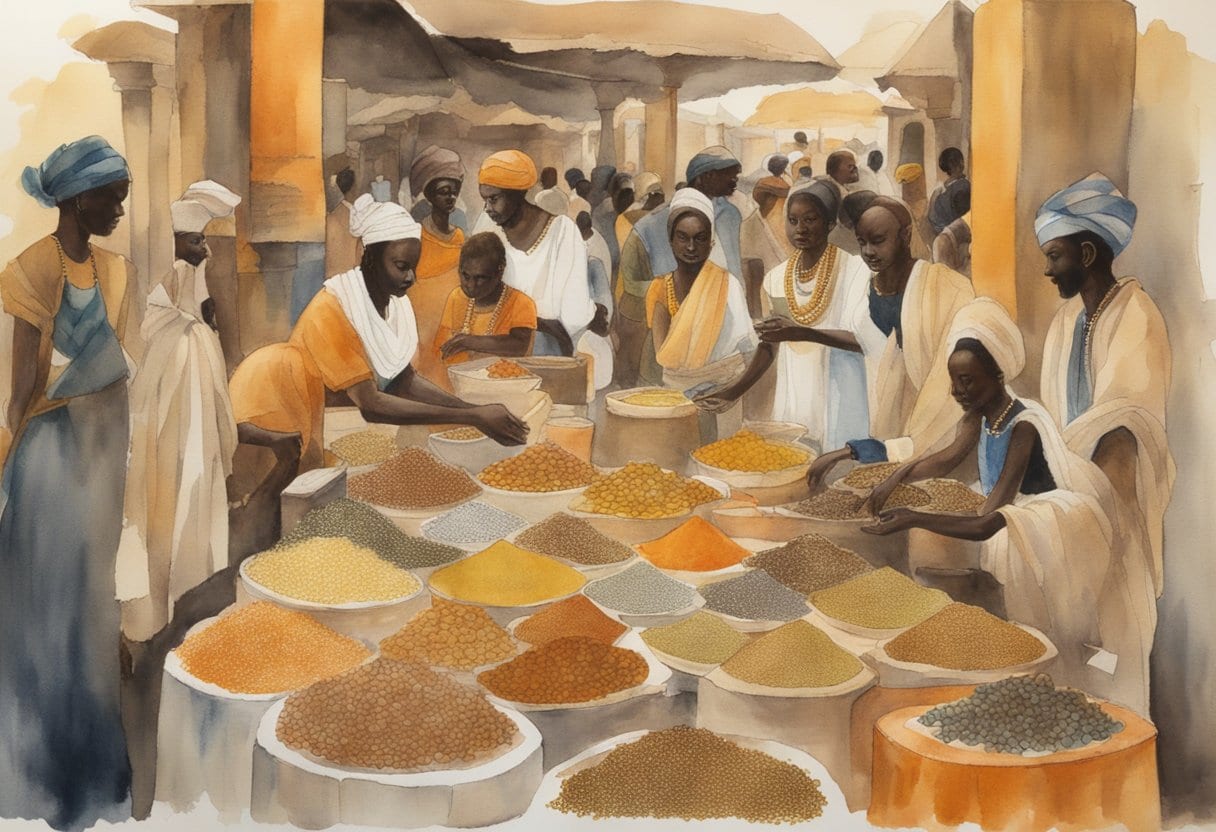 A bustling marketplace filled with shimmering gold jewelry, intricate textiles, and exotic spices from the ancient African trade empire of the lost Kingdom of Yam