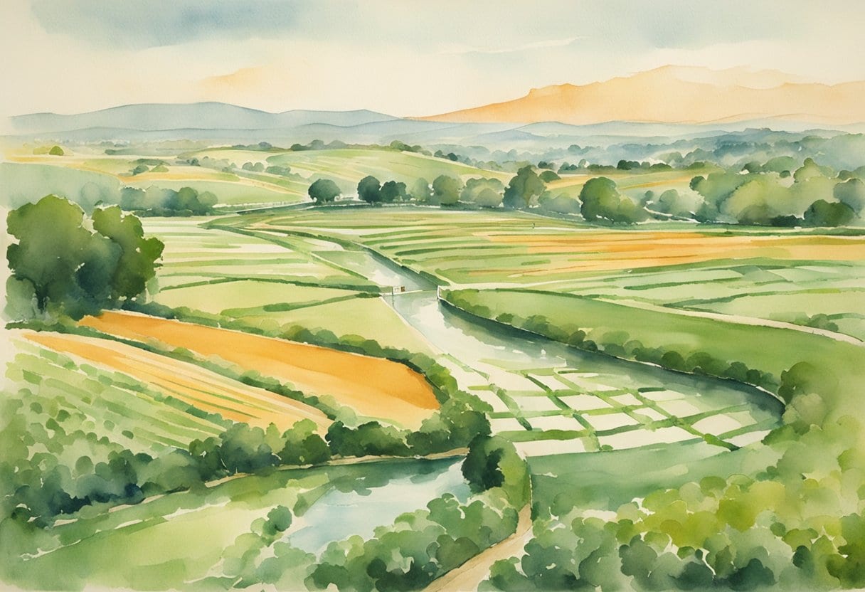 Lush green fields surrounded by intricate irrigation channels, with a grand ancient kingdom in the background