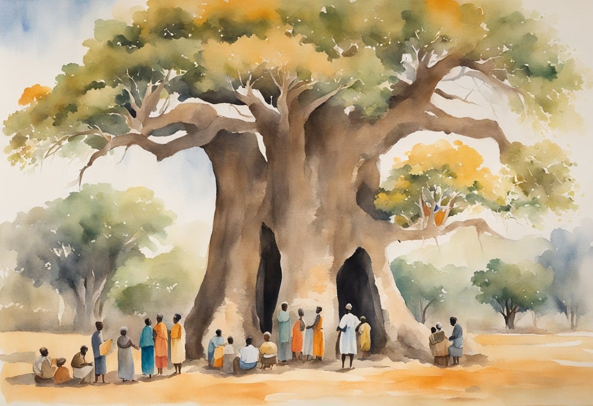 A gathering of elders under a baobab tree, sharing stories and wisdom passed down through generations in the Kingdom of Yam