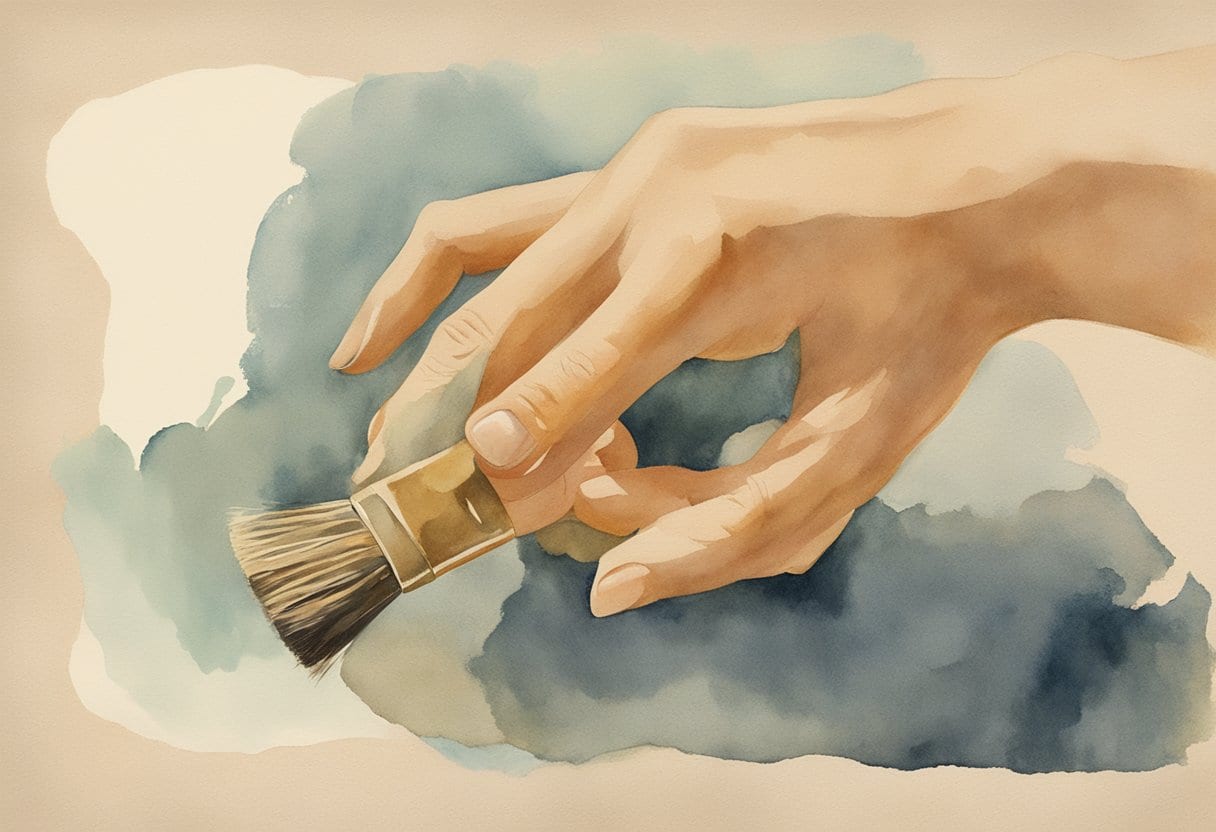 A hand holding a soft brush gently cleaning the surface of an old, faded photograph