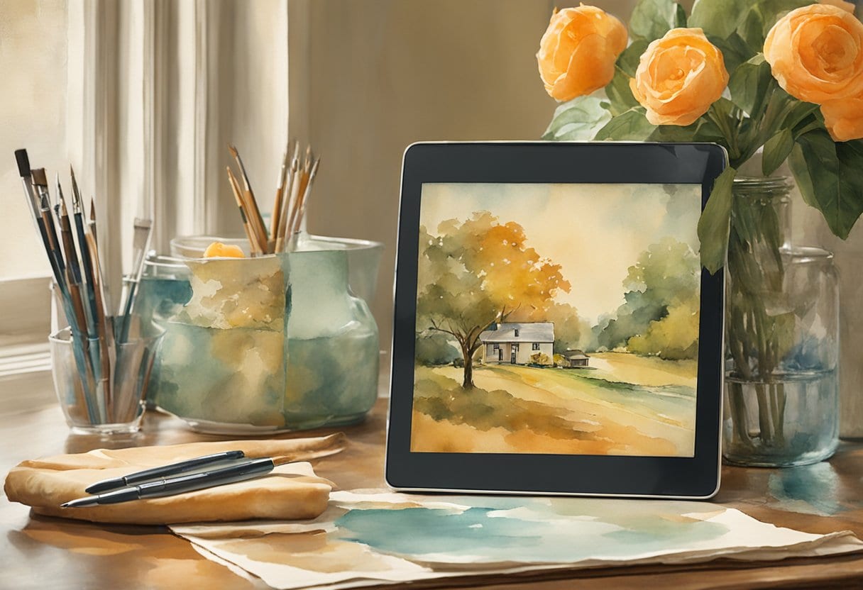 An old, faded photograph is placed on a table, with a digital tablet and stylus nearby. The Corel Photo-Paint software is open on a computer screen, as the artist carefully restores color to the image