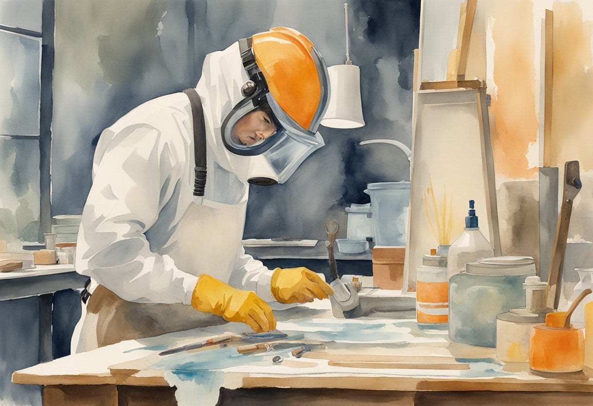 A person in protective gear carefully restoring mold-damaged photos with specialized tools and equipment in a clean, well-lit workspace