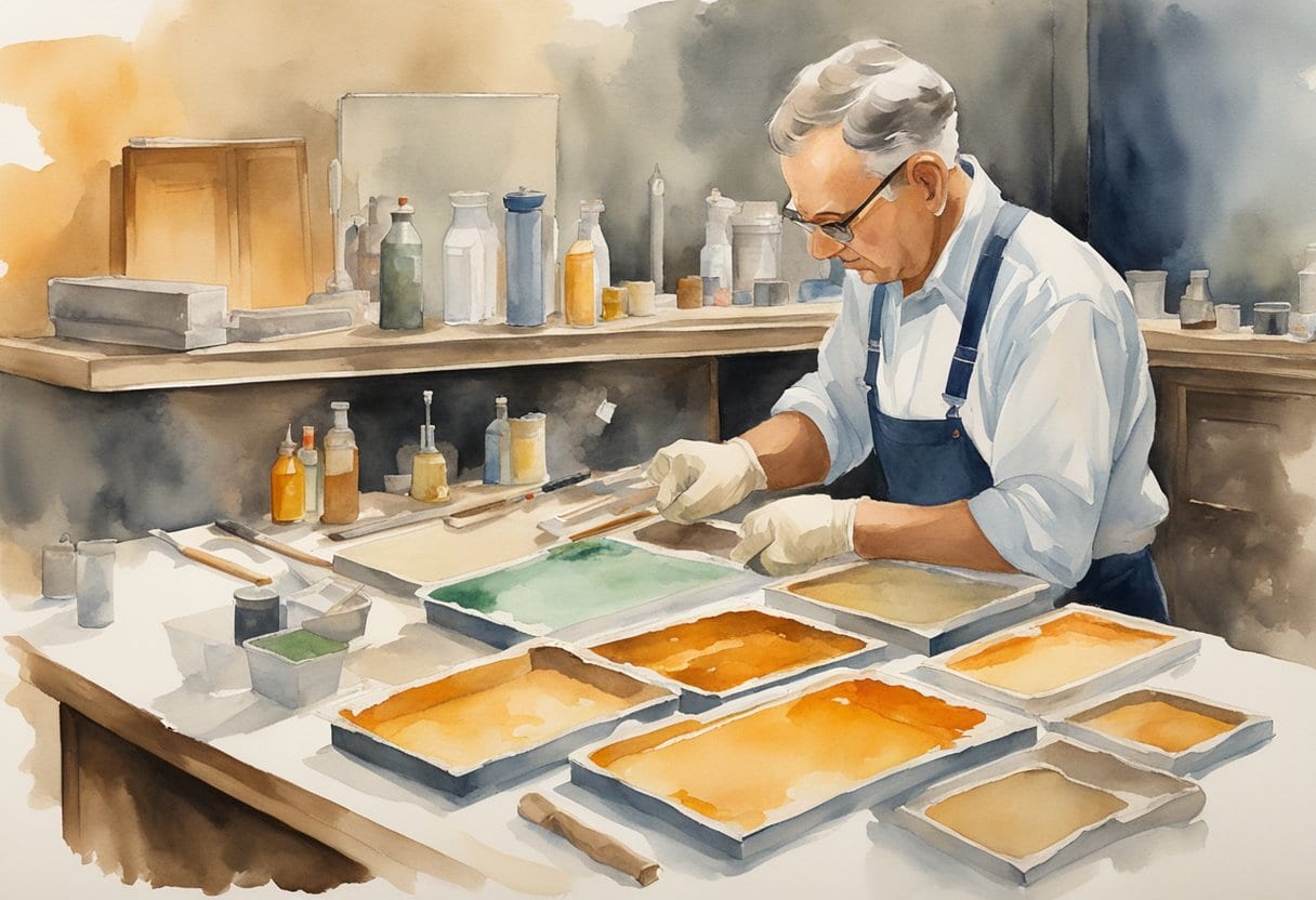 A professional restorer carefully cleans and repairs mold-damaged photos using specialized tools and techniques in a well-lit studio