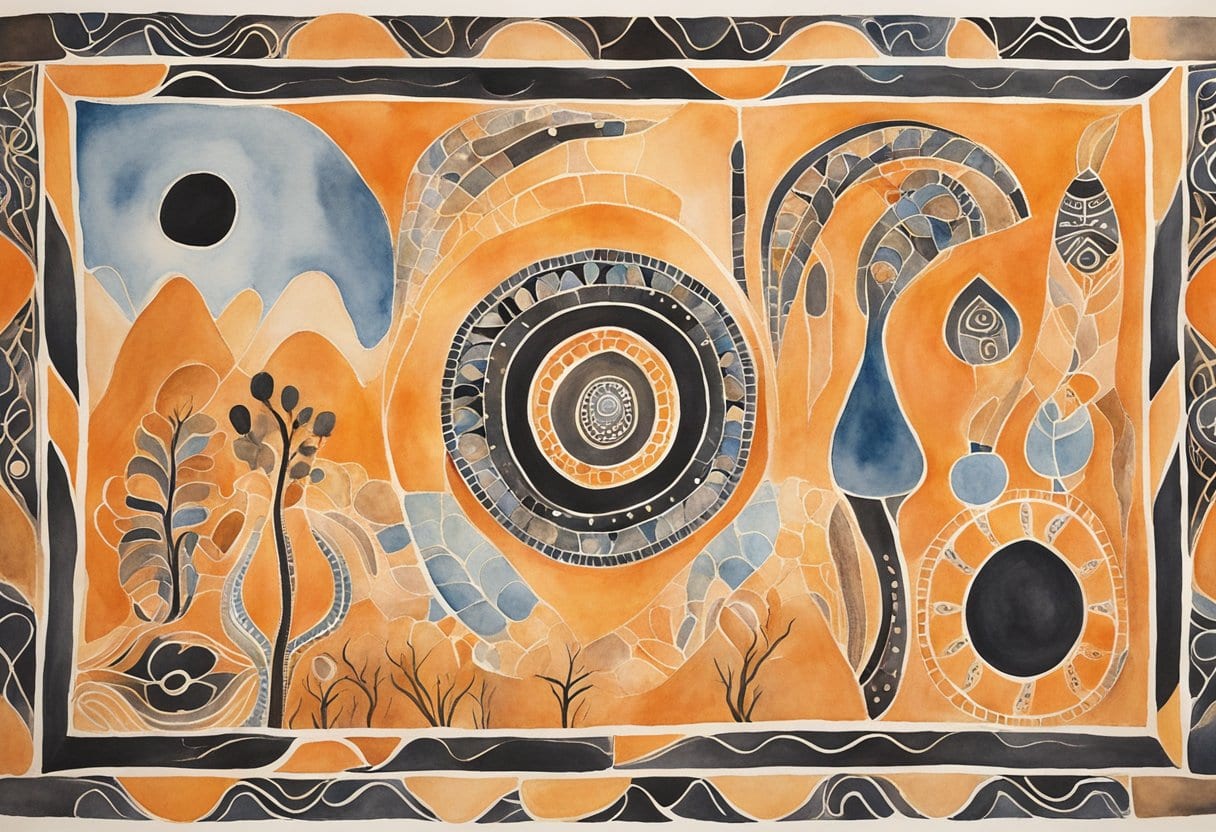 A vibrant depiction of Australian Dreamtime art, featuring intricate patterns and symbols representing ancestral storytelling in Aboriginal culture