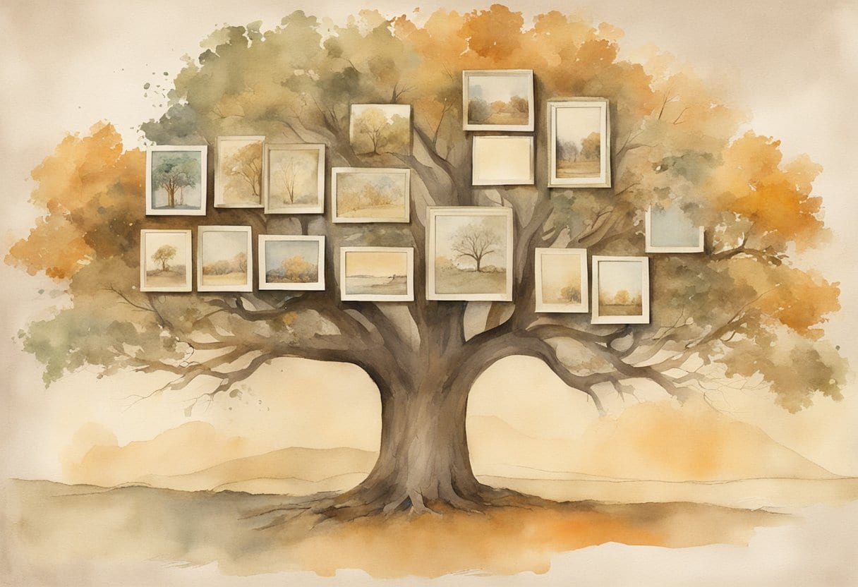 An old, weathered family tree with faded photos scattered around, waiting to be restored
