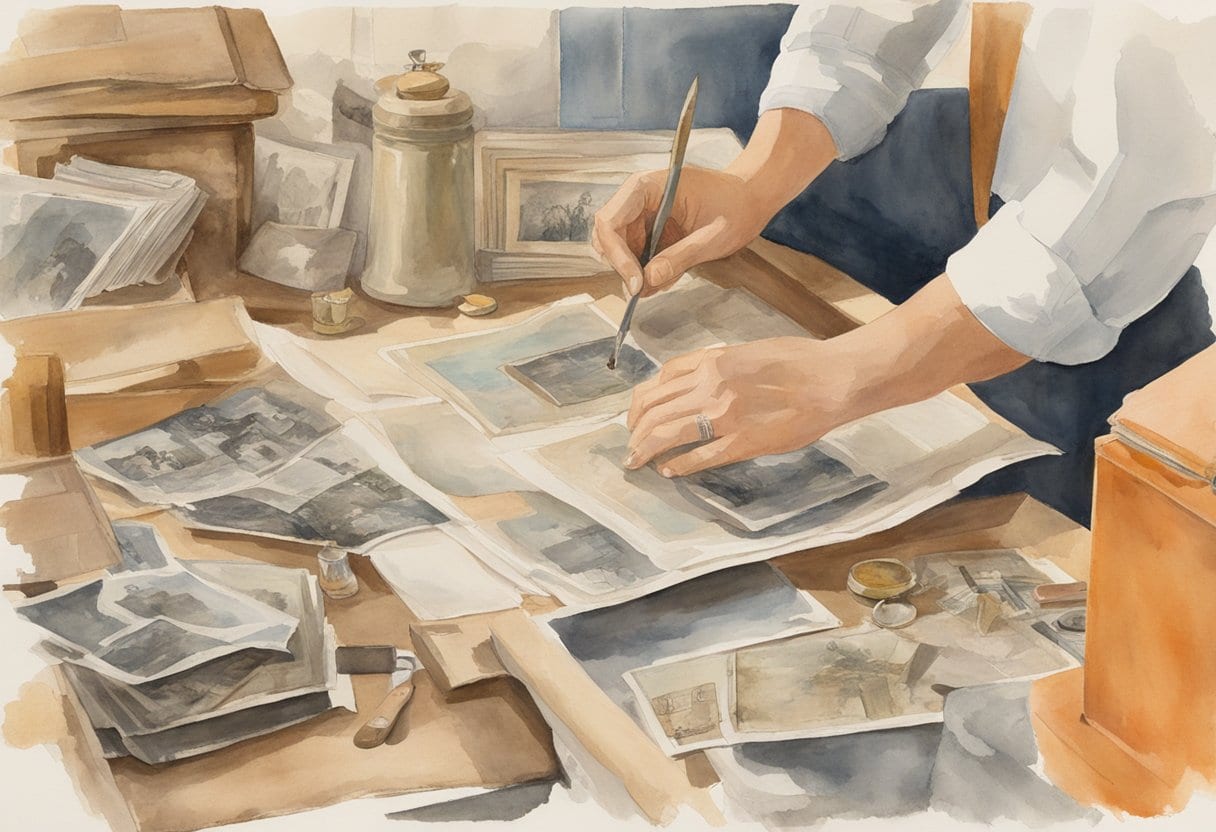 A pair of hands delicately working to restore a faded photograph using various tools and techniques, surrounded by old family photos and genealogy documents