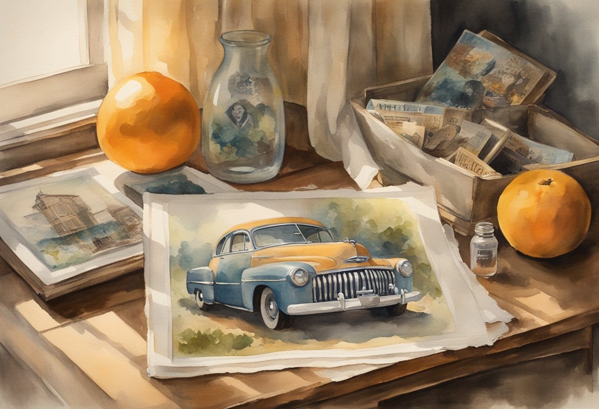 An old, faded photograph sits on a weathered wooden table, surrounded by vintage family memorabilia. Sunlight streams through a nearby window, casting a warm glow on the cherished mementos