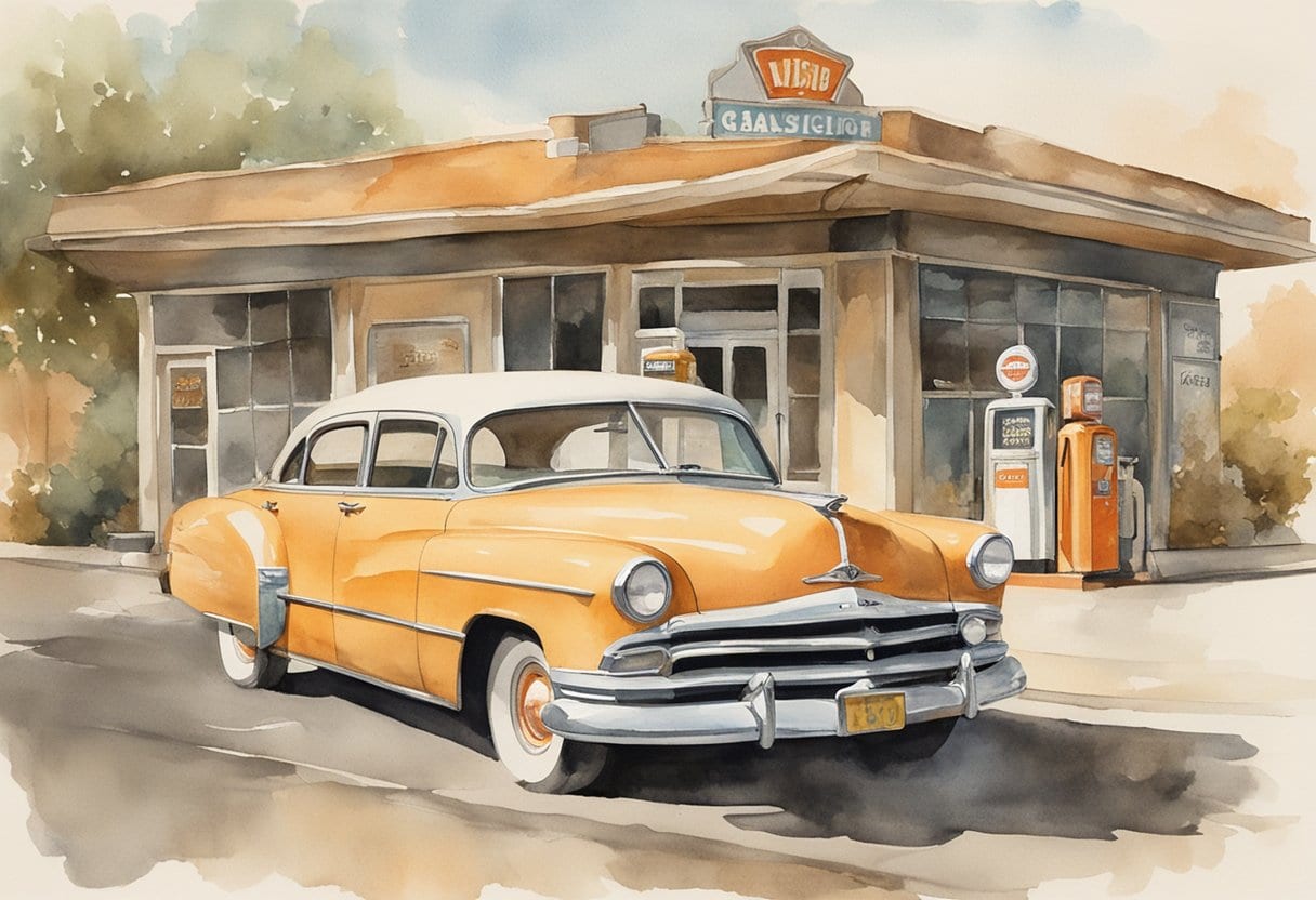A weathered photograph of a vintage car parked in front of an old gas station, surrounded by nostalgic memorabilia