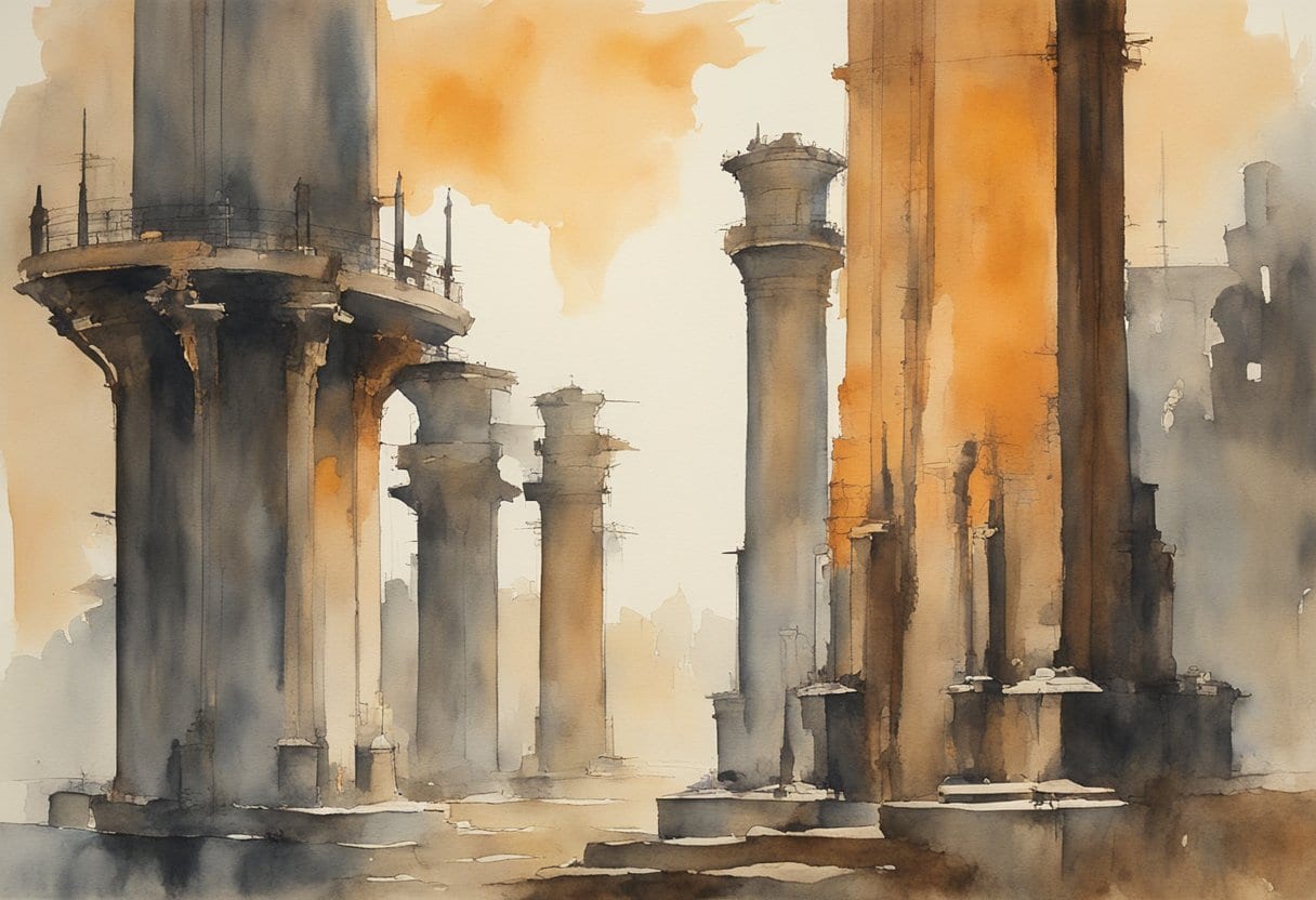 An ancient iron pillar stands tall, showing signs of corrosion resistance. Chemical analysis reveals its material clarity through intricate metallurgy