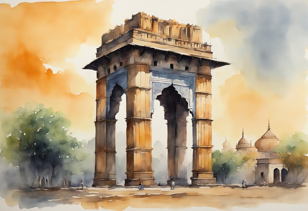 An ancient iron pillar stands tall, untouched by corrosion, amidst the historical city of Delhi. The intricate craftsmanship and metallurgical expertise are evident in its enduring resistance to decay