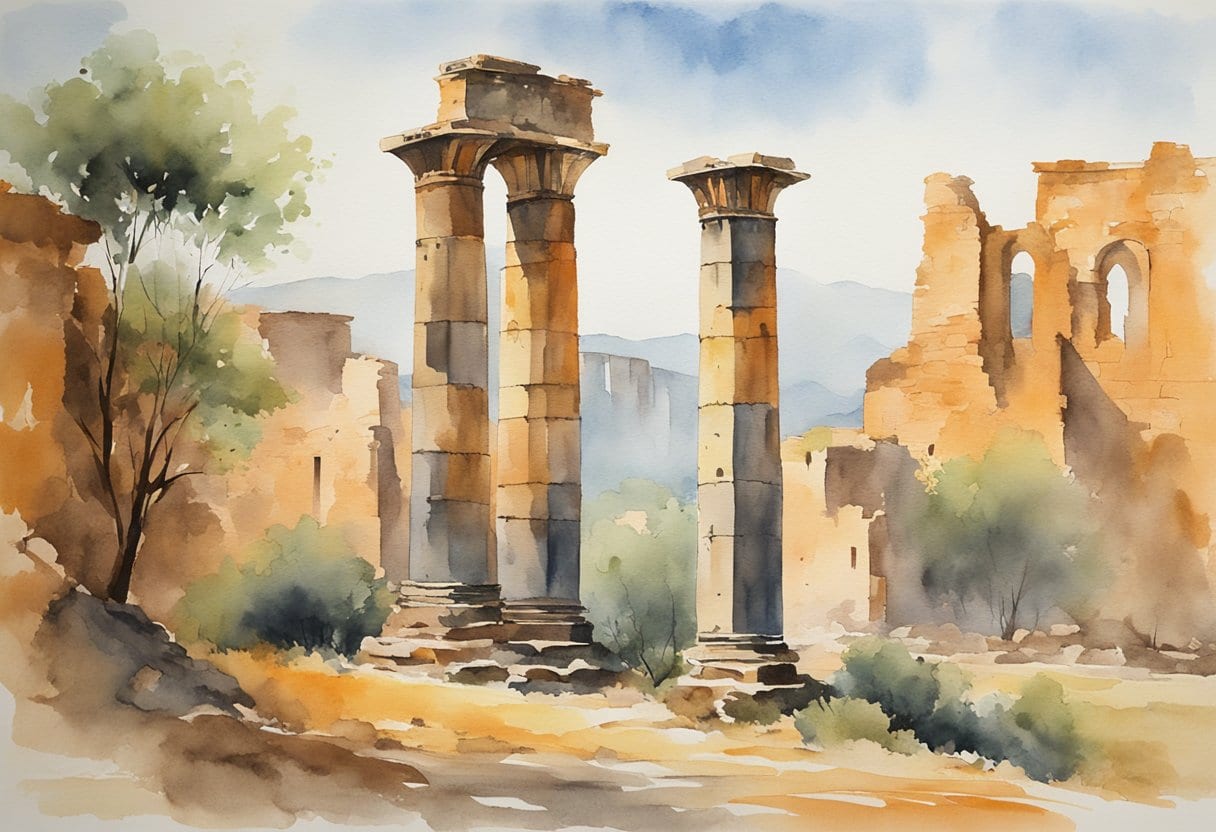 An ancient iron pillar stands tall against a backdrop of historical ruins, showcasing remarkable resistance to corrosion