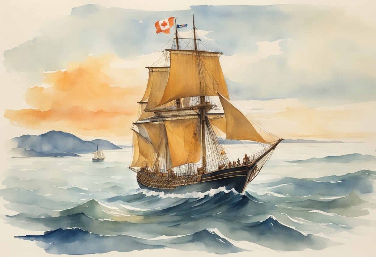 John Cabot's ship sailing towards the Canadian coast, with European flags flying and the crew eagerly scanning the horizon for new discoveries